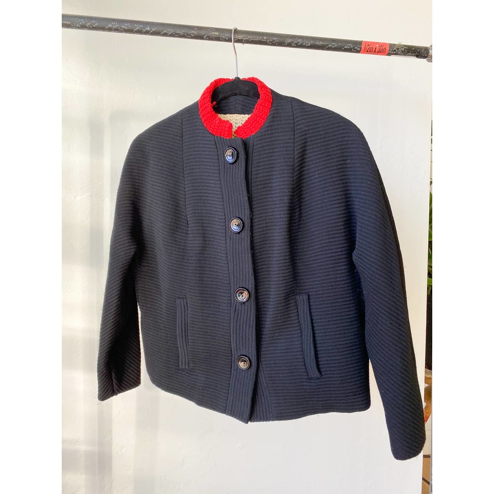 VINTAGE Women's Black/Red Lined Button Front Cardigan Jacket w/ Pockets sz M